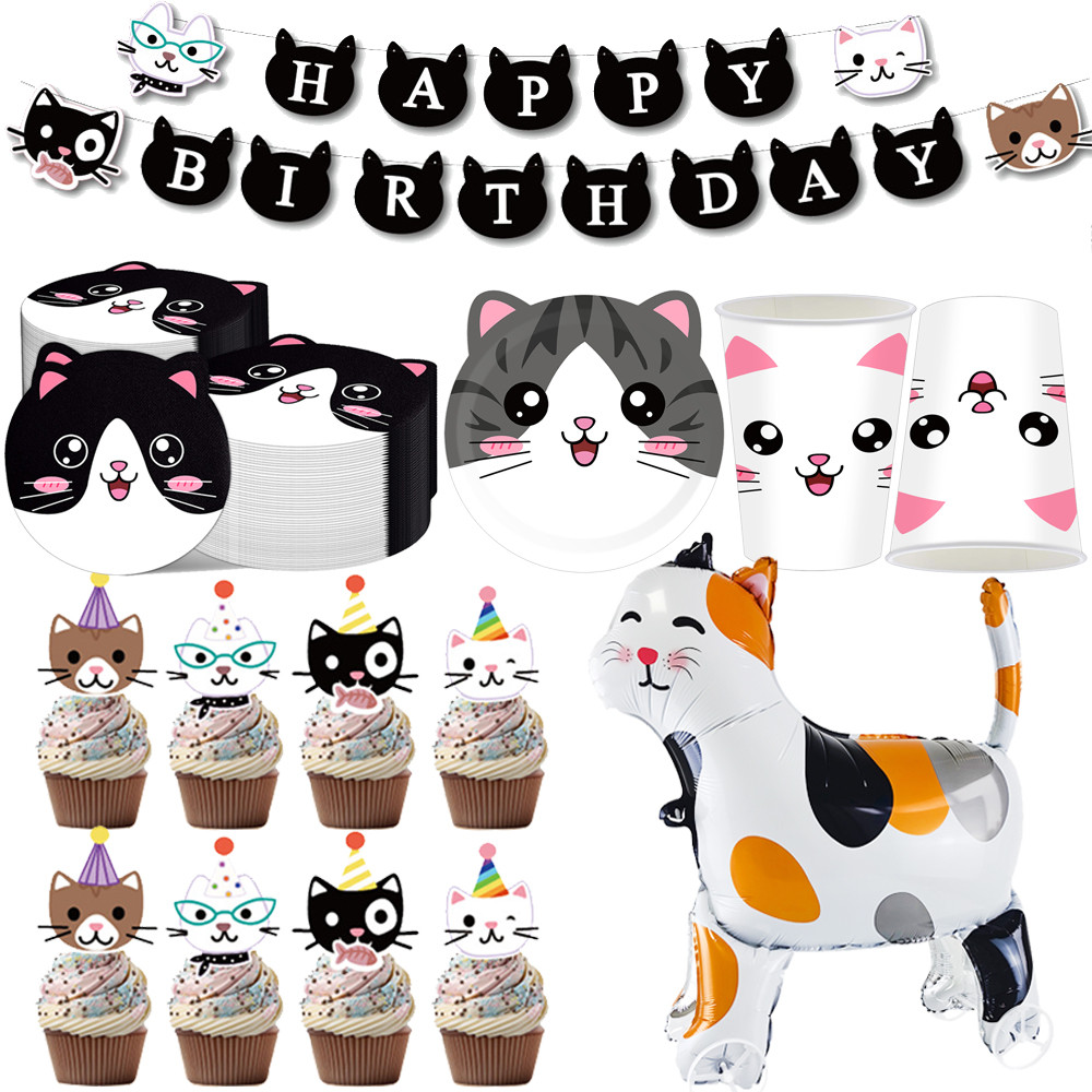 Cat Birthday Decorations Happy Birthday Banner Tableware Plates Cups Nakp Cake Topper Cat Balloon fo