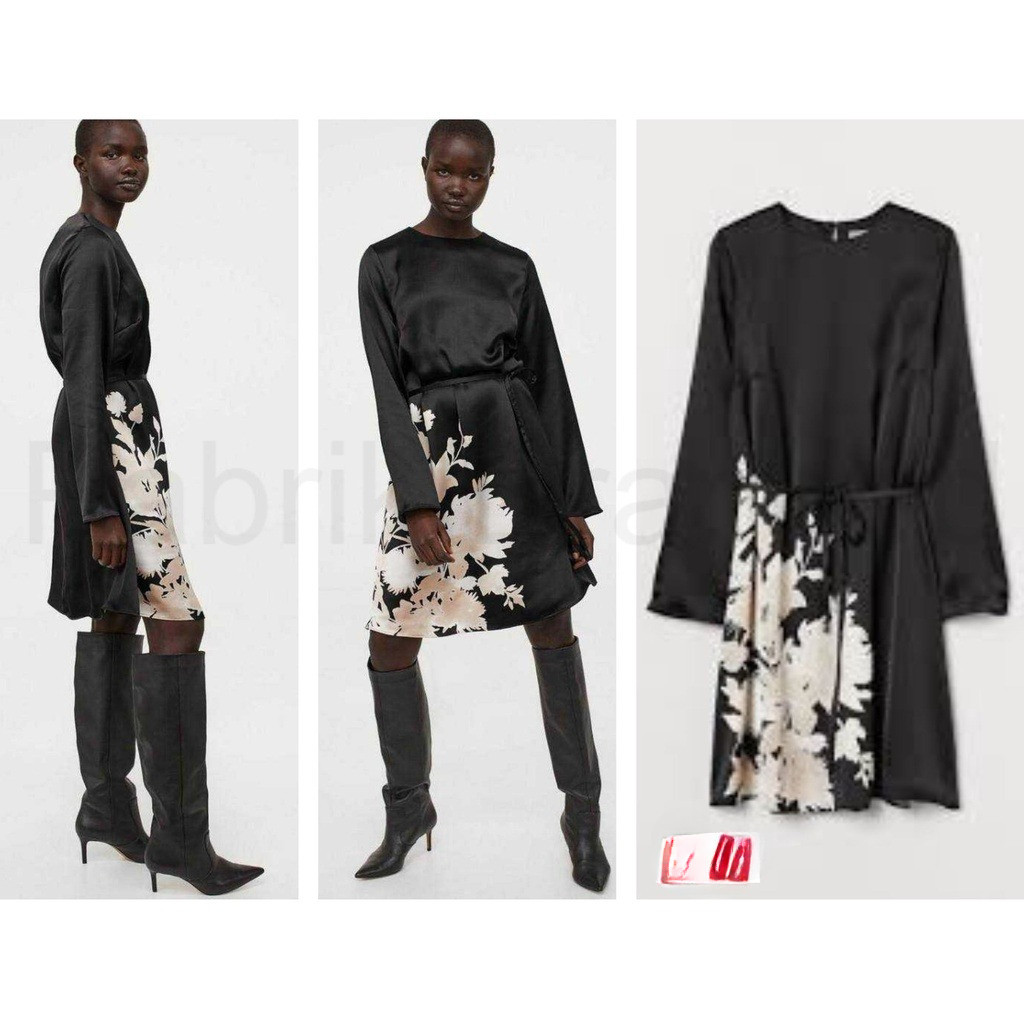 Pabrik branded HaeM printed dress wanita XS S hitam coklat brown black dark metalik metallic floral 