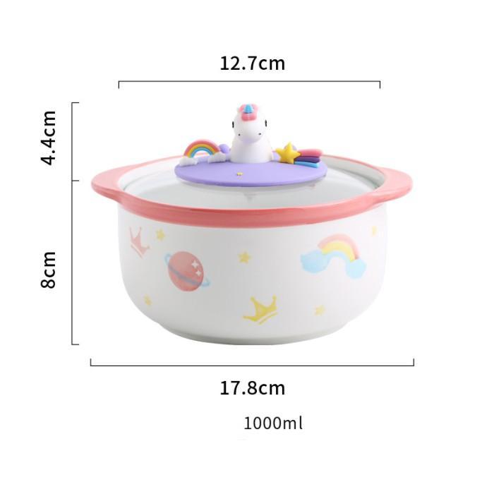 Mangkok Saji Unicorn Keramik Tutup Kaca Model Panci Mangkuk Sup Lucu - Tutup Ungu