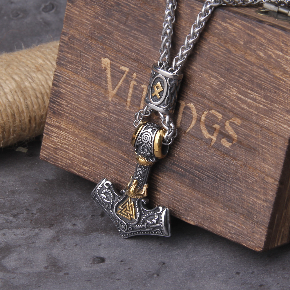 Norse Scandinavian Vienna Viking Valknut Necklace Men Vintage Stainless Steel Mjolnir Thor's Hammer 