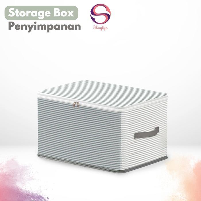 Storage Box Lipat Motif Garis Kotak Penyimpanan Pakaian Storage Box Dengan Tutup Resleting Serbaguna