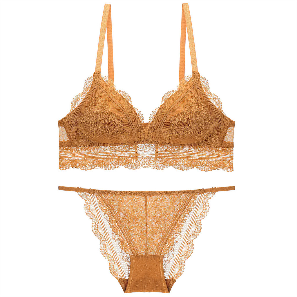 [Miss Lace]Set bra tipis renda tanpa kawat, bra pakaian dalam wanita cup segitiga seksi Prancis