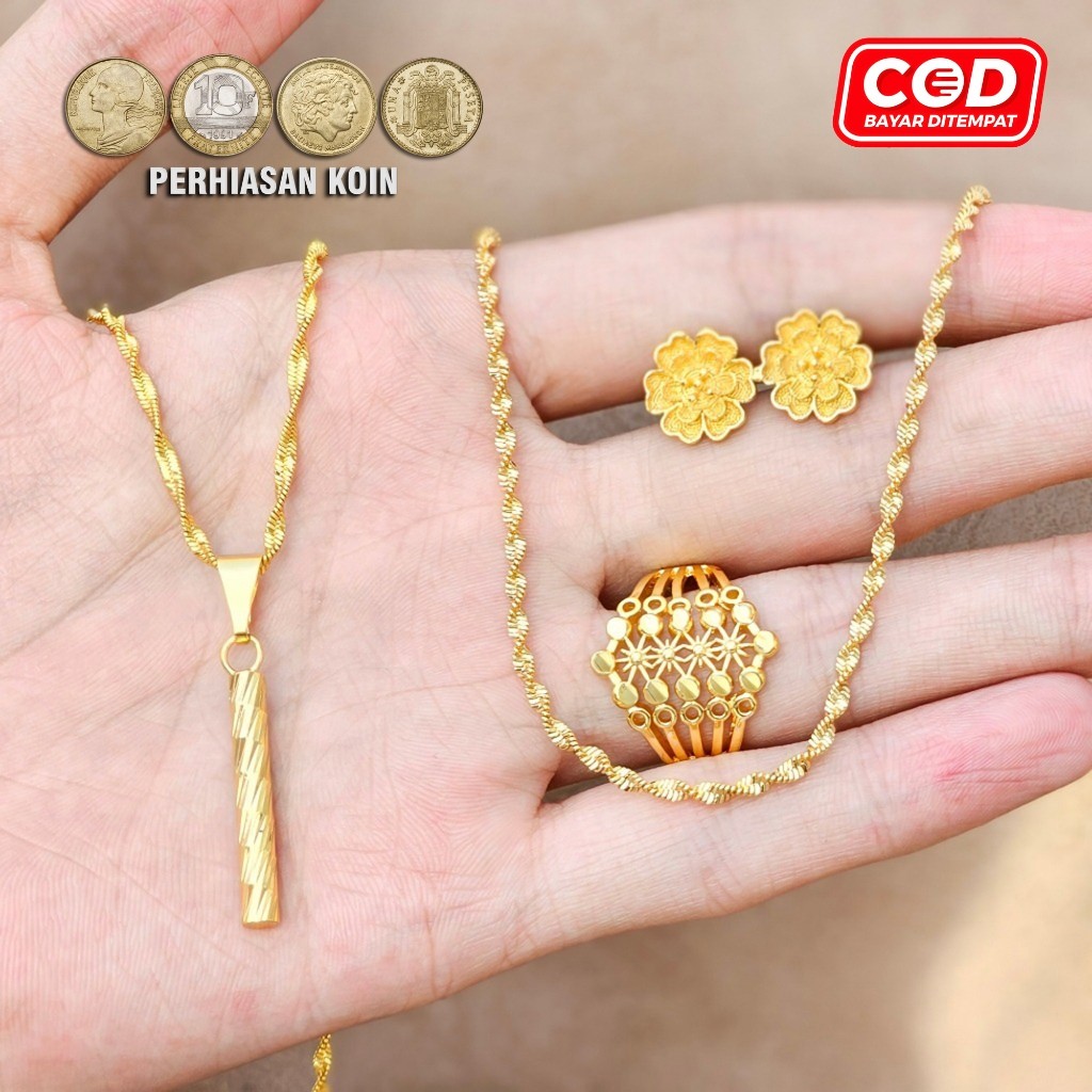 Fullset satu set perhiasan wanita Perhiasan lengkap kalung gelang anting cincin warna emas 24k Fashi