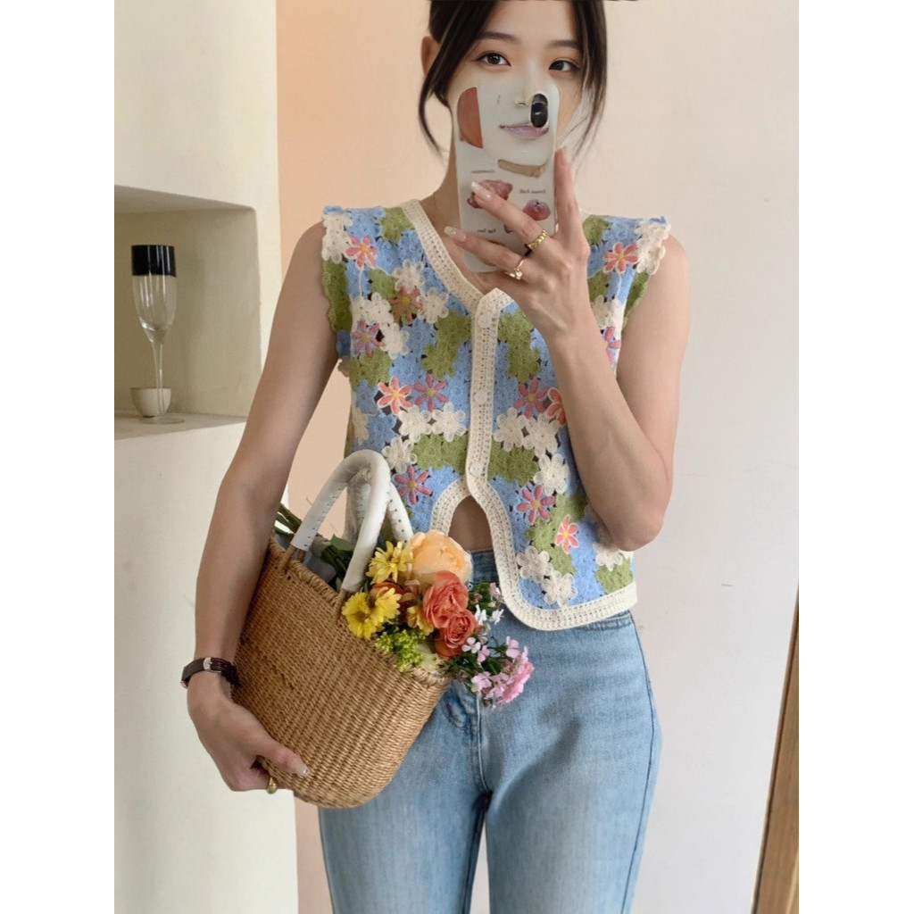 Rompi Rajut Berongga Bordir Bunga Prancis Tanpa Lengan Cardigan Rajut