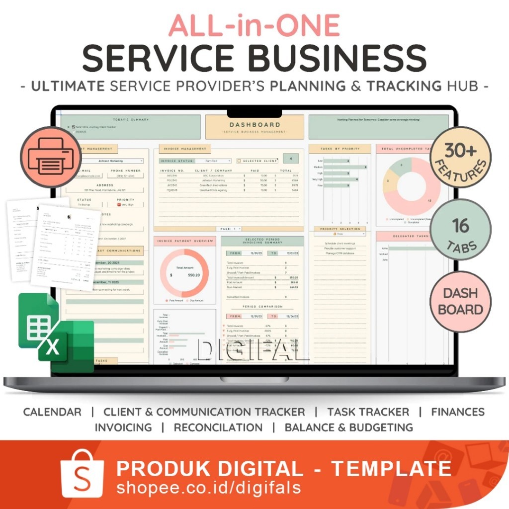 Pencatatan Keuangan untuk Bidang Jasa Lengkap, All-in-One CRM & Bookkeeping Template: Task, Invoice 