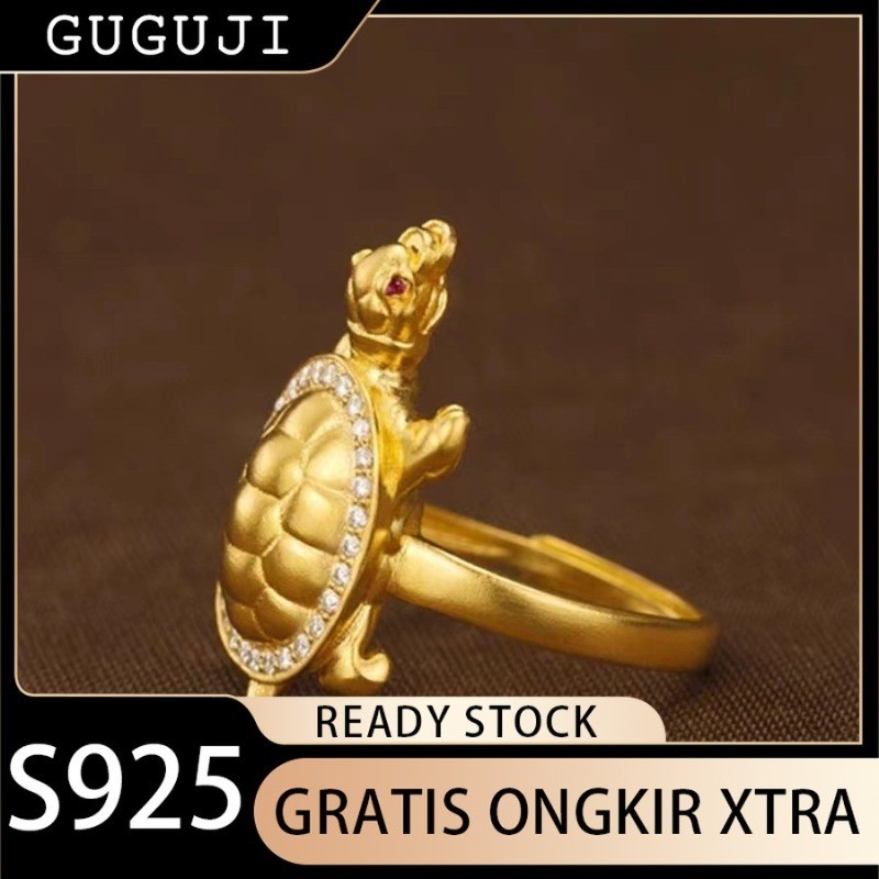 GUGUJI Cincin Emas 18K Cincin Kura-Kura Emas Kecil Metode Kuno Cina Emas Pasir Vietnam Binatang Kebe