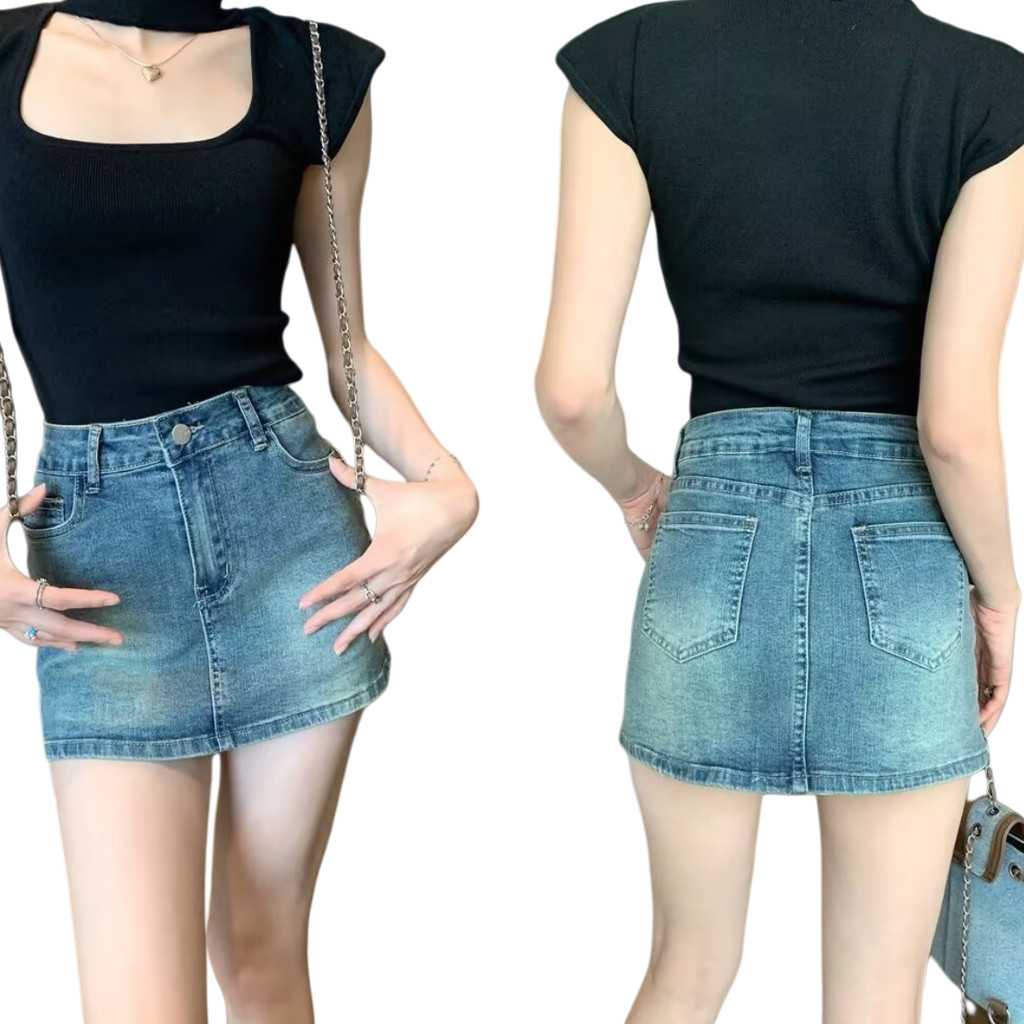 Rok denim pinggang tinggi wanita, rok mini denim retro gaya Korea, rok bodycon wanita