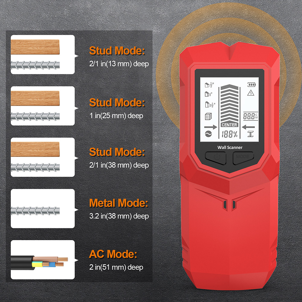 HW-910 Handheld Wall Metal Detector 6 in 1 Stud AC Wire Metal Pipe Wooden Beams Finder LCD say Wall 
