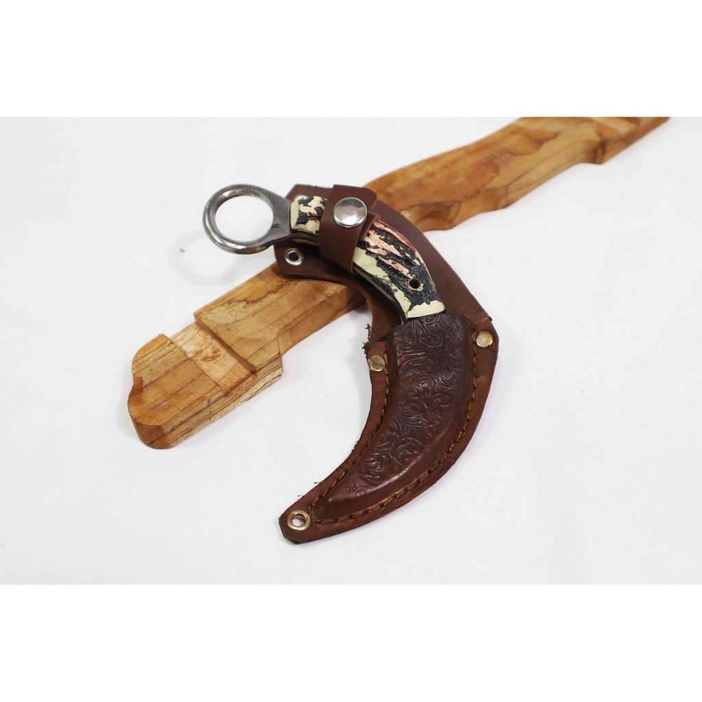 gasken Pisau Kerambit Sarung Kulit Gagang Motif Tanduk Rusa Super Tajam Mantap