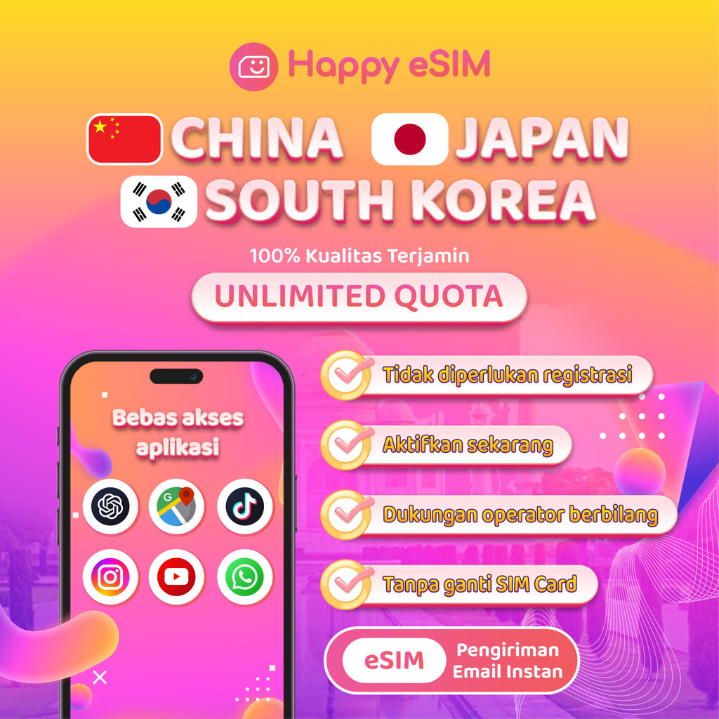 Happyesim eSIM China+Japan+Korea 3GB-20GB Unlimited Kuota Unlimited Internet Data| Travel eSIM