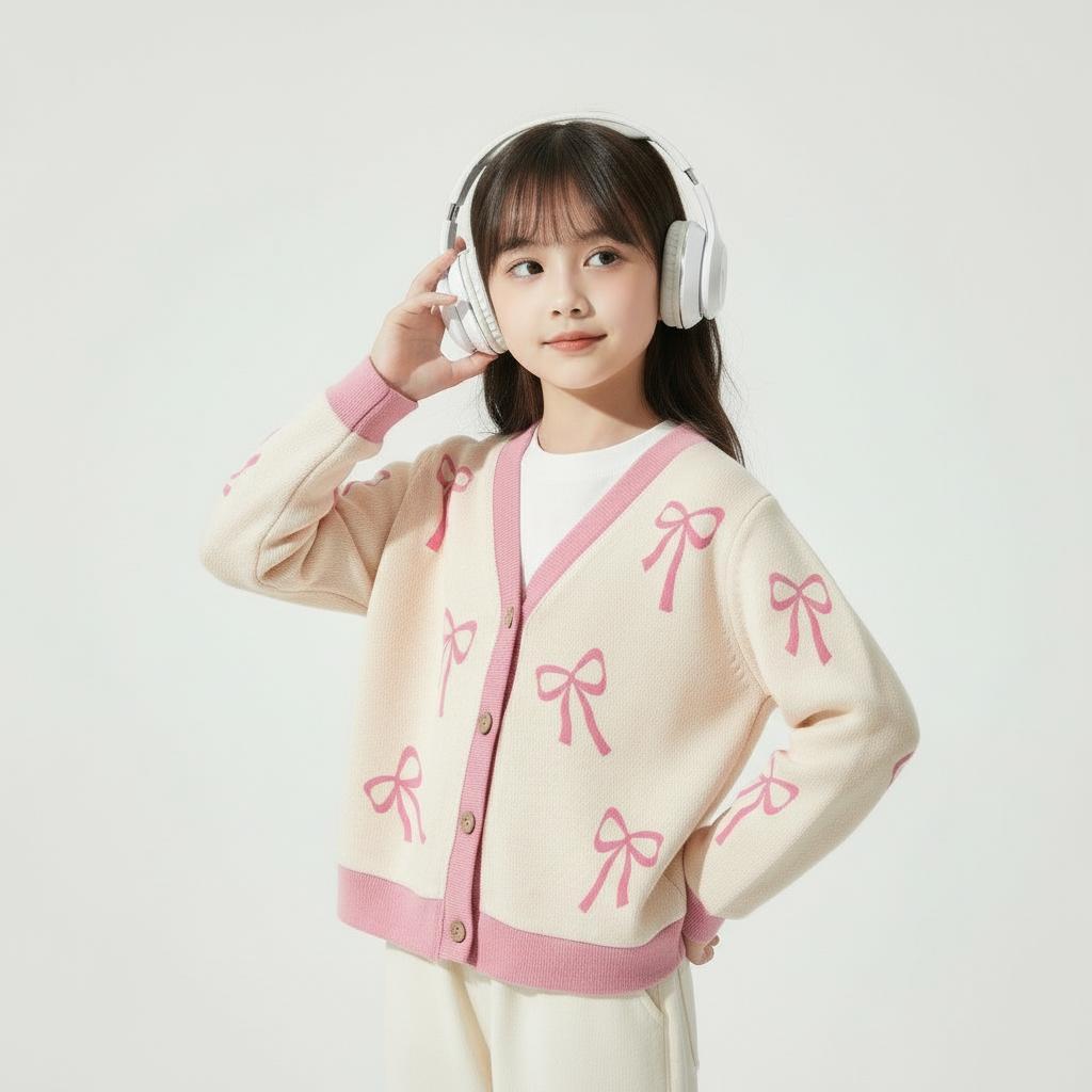 Cardigan Pita Cream Anak Perempuan Lengan Panjang Y2K Usia 3-12 Tahun Bahan Lembut Halus Nyaman Adem