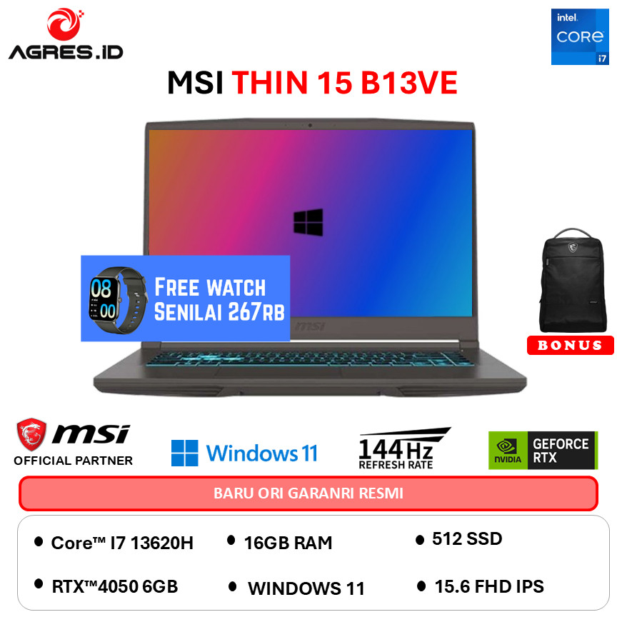 MSI THIN 15 I7 13620H RTX4050 6GB - RAM 16GB 512GB W11 15.6FHD 144HZ BLIT -B13VE.2406