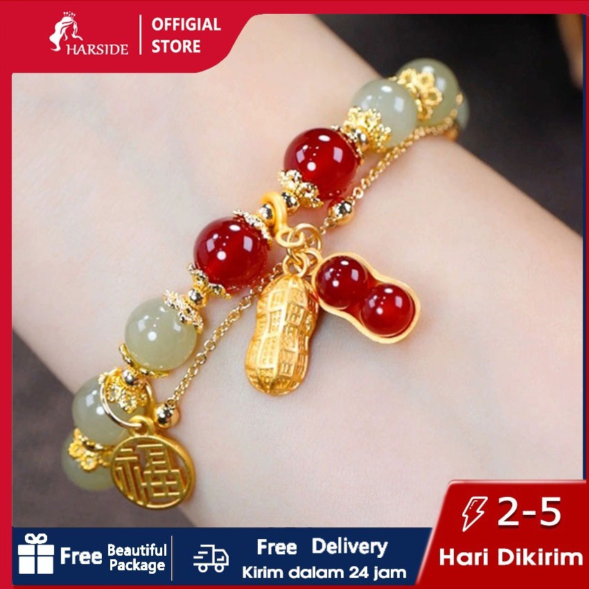 Gelang yang beruntung Giok Asli Batu Kacang Titanium/Gelang Giok Kacang Wanita Berlapis Emas 18K Ant