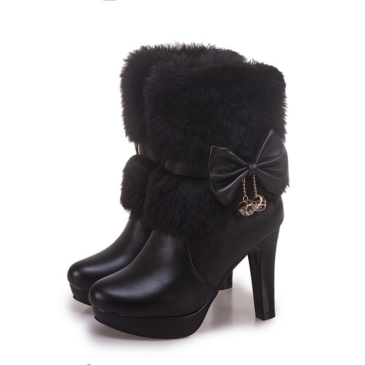 Elegant Bow Furry Trim Short Boots, Jodhpur Boots, Platform High Heel Boots
