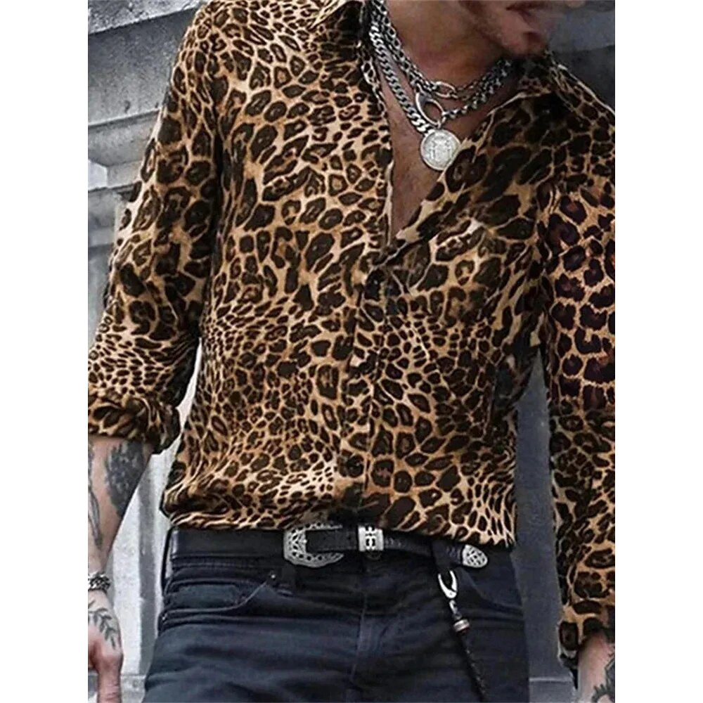 Jaket kemeja lengan panjang pria gaya cetak leopard