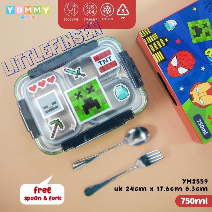 Lunch box stainless sekat tiga anti tumpah/lunch box anak minecraft spiderman marvel/lunch box anak 