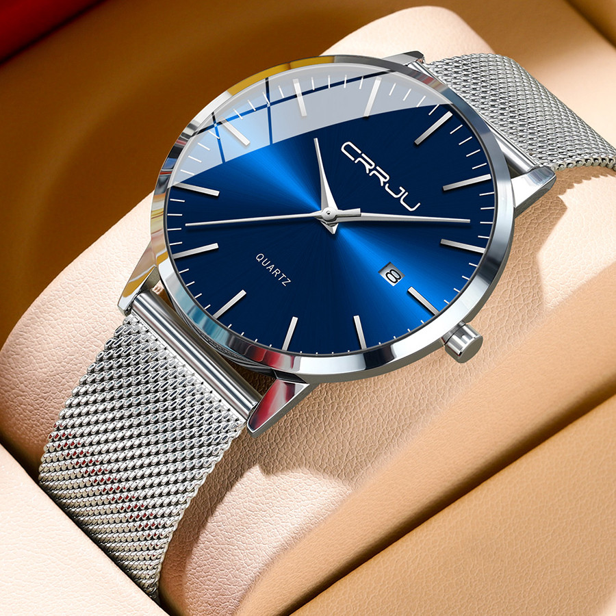 CRRJU Watch for Men, Stainless Steel 40mm with Mesh Strap Mens Watches,Classic Ultra Slim 7mm Men's 