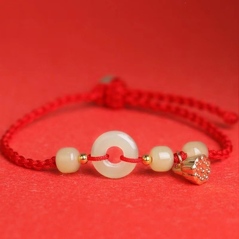 Gelang Tangan Koin Damai Giok Hijau, Liontin Emas Teratai, Aksesori Tali Merah Klasik