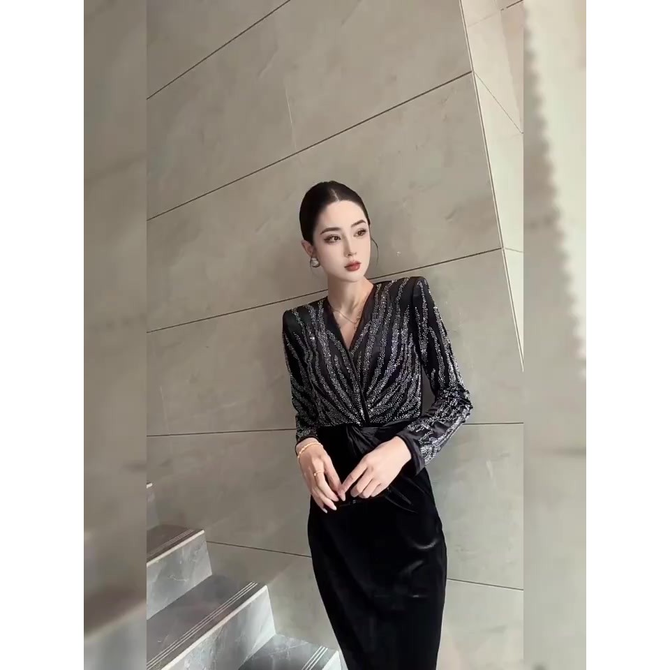 202511v Gaun beludru berlian imitasi hitam awal musim gugur baru