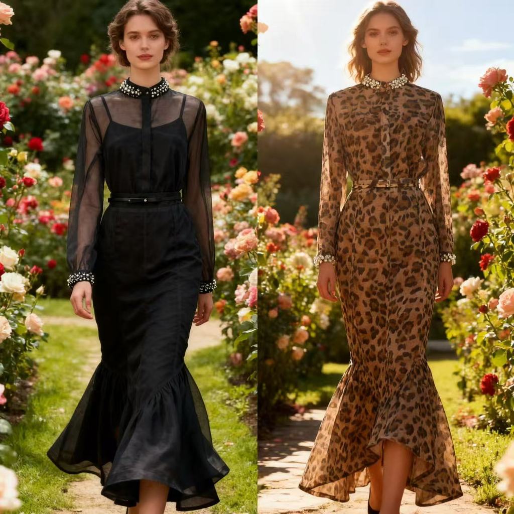 202511v Set Gaun rok kerah, baju musim gugur dan musim dingin baru