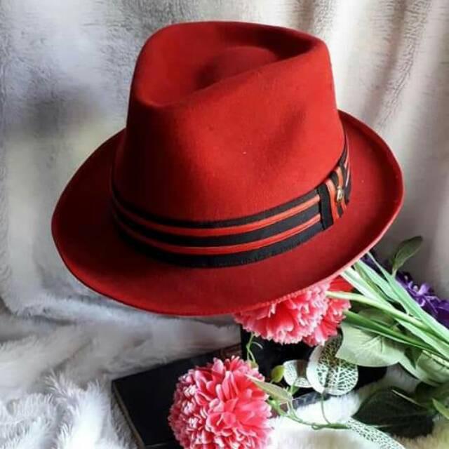 TOPI LAKEN ORIGINAL FEDORA - TOPI TOMPI - TOPI FEDORA - TOPI PRIA IMPOR - MERAH lebar, S