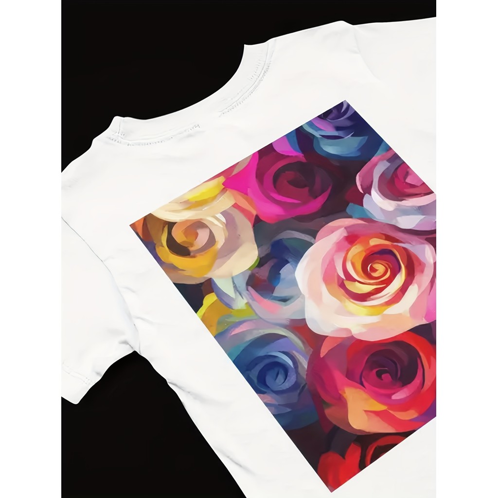 Kaos Wanita Motif Bunga Mawar - Atasan Musim Panas Lengan Pendek