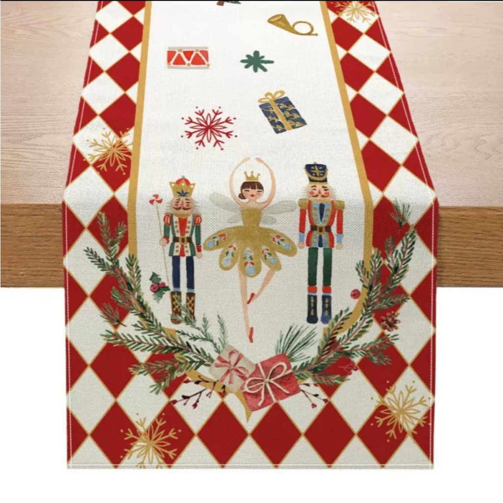 (linnea84) Table Runner Christmas Motif Natal Nutcracker Taplak Meja Makan Kain