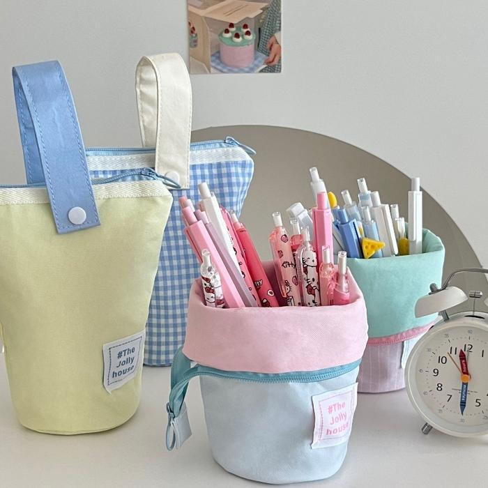 Tas Pensil Korea Pouch Makeup Handle Pastel Estetik Bucket Pensil Case Aesthetic Minimalis Wadah Tem