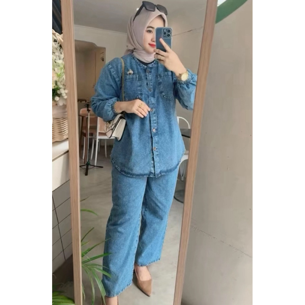 Setelan Jeans Jumbo Celana Kulot Premium Dewasa Size JUMBO Busui Friendly