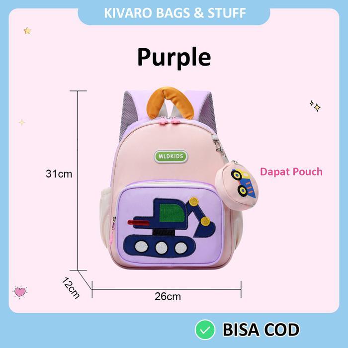 Tas Excavator Anak TK Perempuan Bonus Pouch Warna Ungu Pink Umur 2-5th Ukuran 31cm  | 868 Kivaro Fas