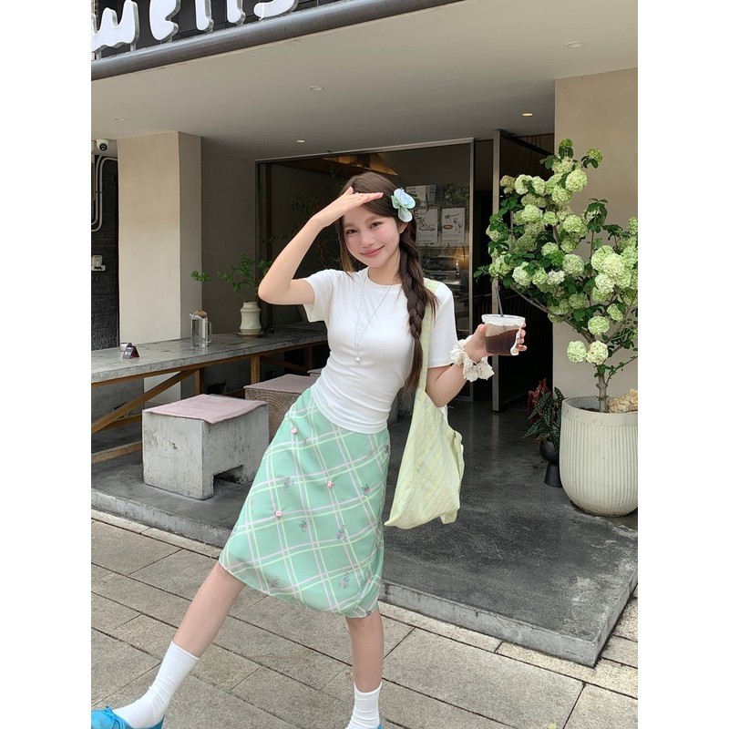 ChubChic COD Rok Midi Kotak-kotak Bunga Hijau Gaya Korea Yang Manis Dan Segar
