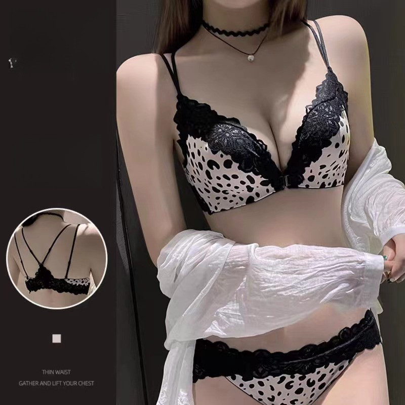 [Miss Lace]Set bra motif macan tutul dengan kancing depan untuk wanita berdada kecil