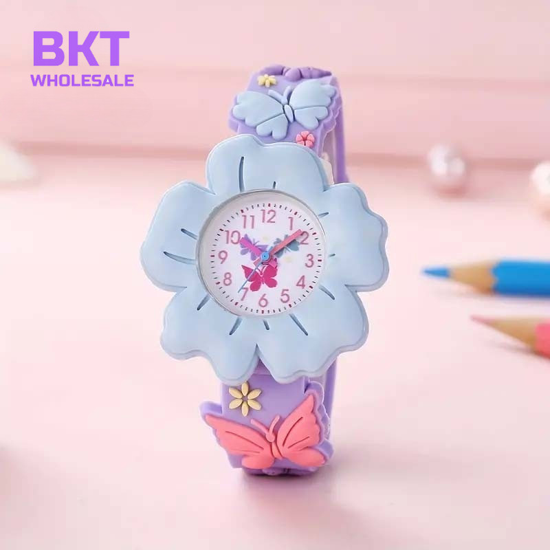 Jam Tangan Kuarsa Anak-Anak 3D Tiga Dimensi Kartun Bunga Kupu-Kupu Tali Silikon Jam Tangan Anak-Anak