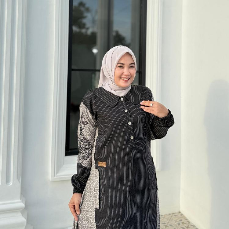 Gamis Amanda Melati Bahan Bugatti Motif Salur Mix Jaguar Motid Bordir Lengan (Free Pouch, Goodie Bag