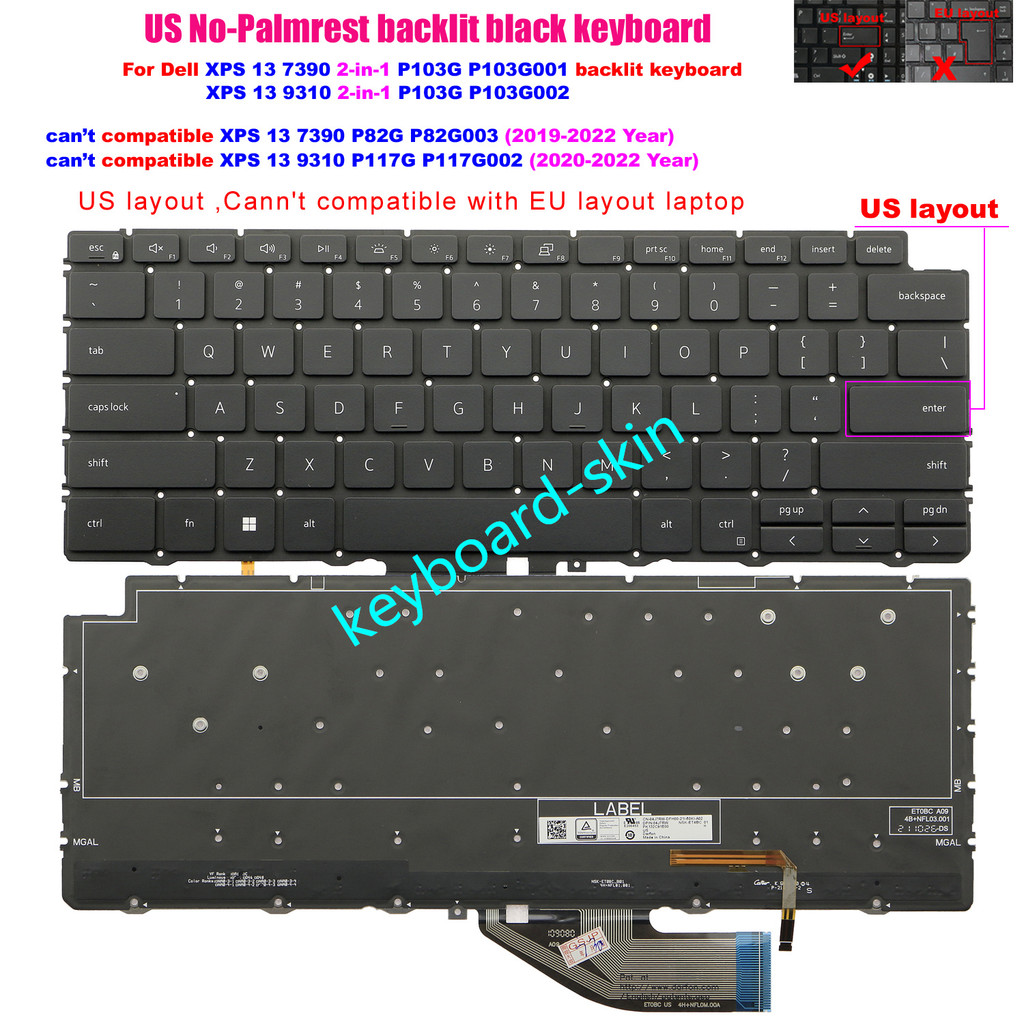 New US black backlight backlit Keyboard For Dell XPS 13 7390 2in1 P103G XPS 13 9310 2in1 laptop