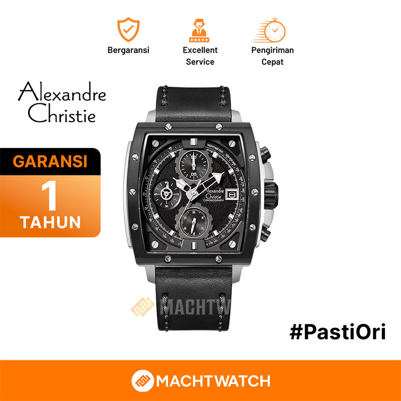 Jam Tangan Pria Alexandre Christie Chronograph AC 6376 MC LTBBA Men Black Dial Black Leather Strap