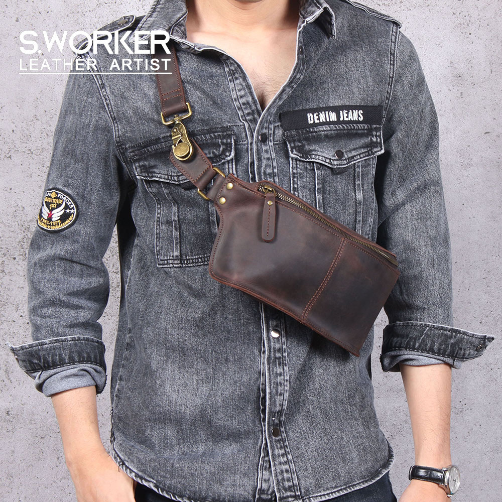 S.WORKE Vintage Genuine Leather Men's est Bag Cross body Bag Small Crazy Horse Cowhide Women Fashion