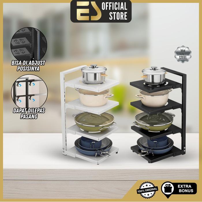 [COD] ES Rak Panci Bawah Wastafel Susun Stainless Tahan Karat Adjustable Putih & Hitam - PUTIH, 3 TI