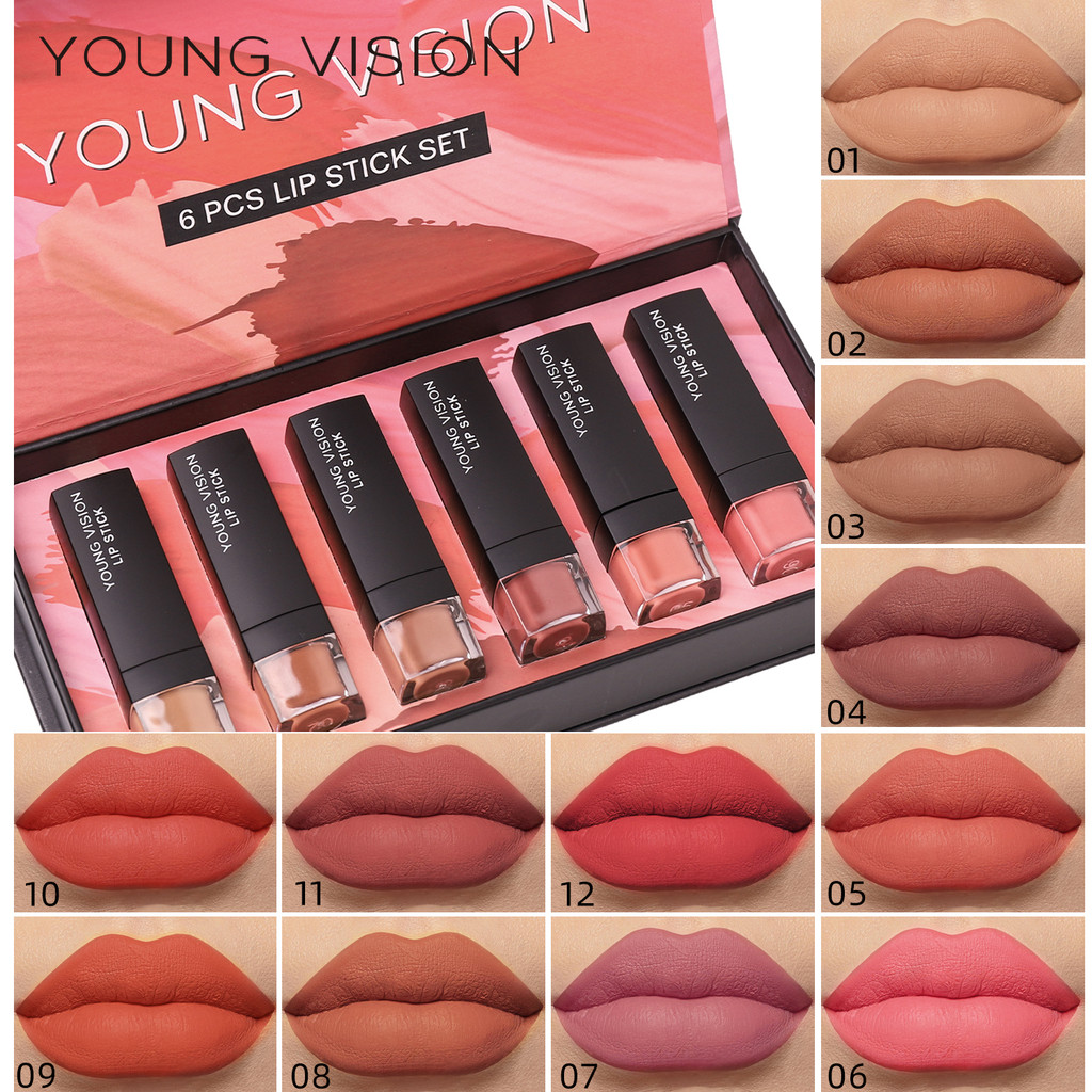 Lipstik Matte 6 Buah/Set, Set Kotak Hadiah Lipstik Tidak Lengket Beludru, Lipstik Pelembab