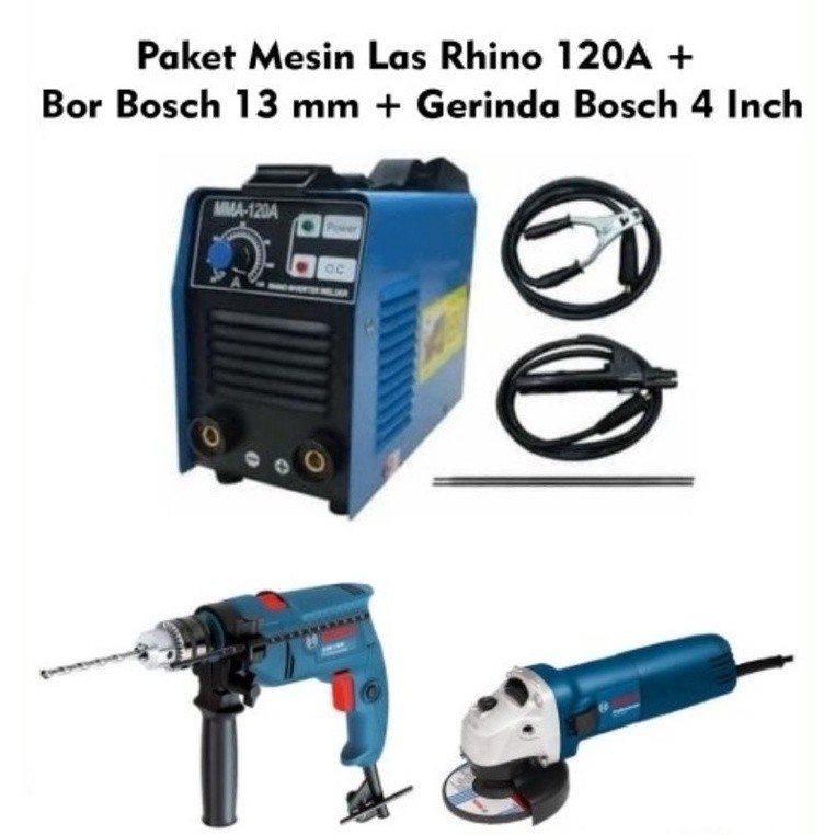 Paket Mesin Las Rhino 120A + Bor Bosch 13mm + Gerinda bosch 4"
