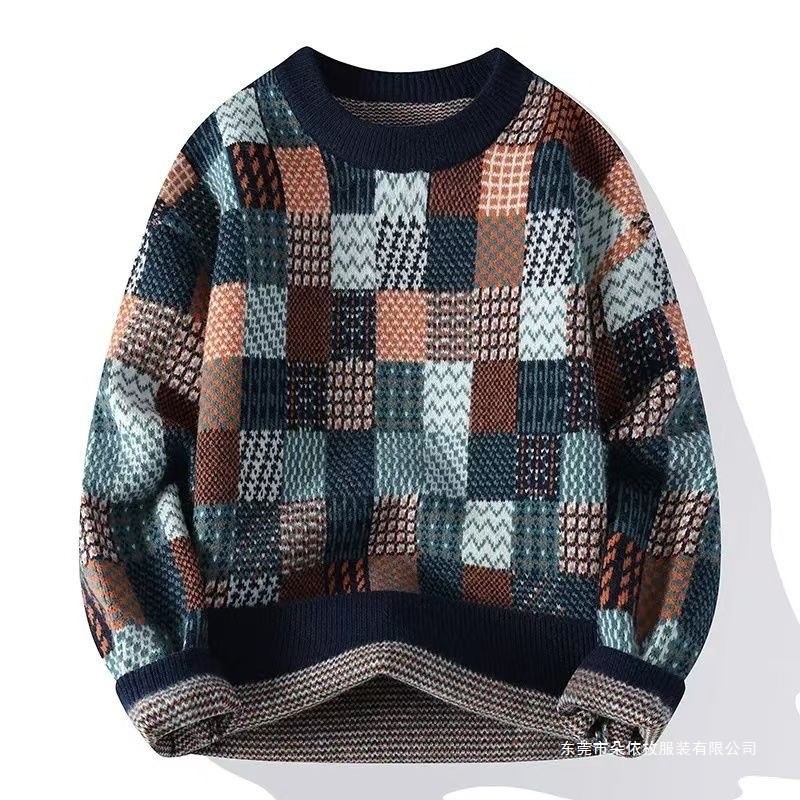 Sweater Pria Baru Leher Bulat Dasar Longgar Rajutan Kotak-kotak Trendy
