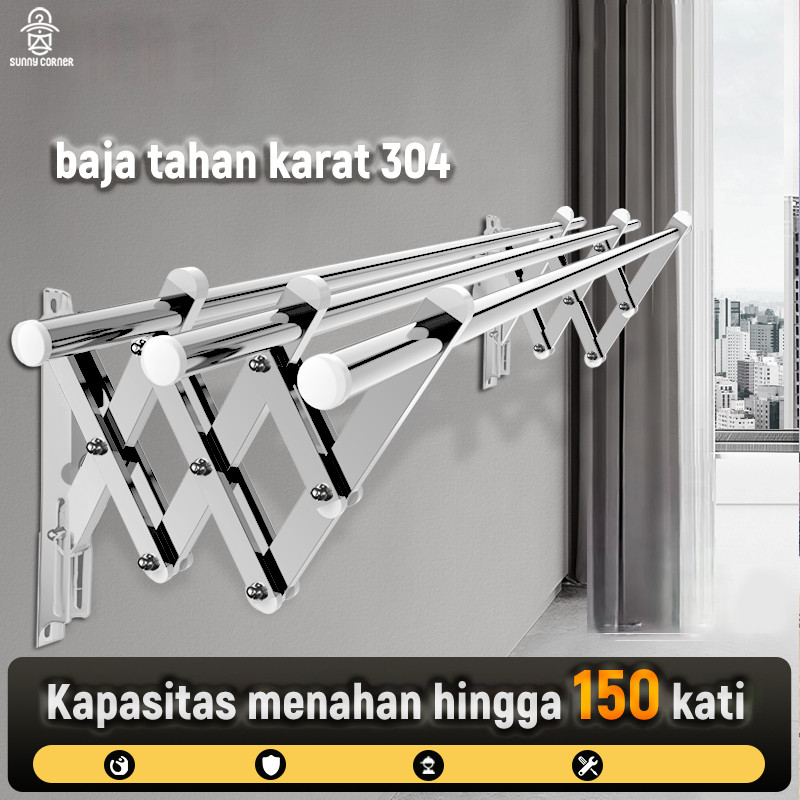 Jemuran Baju Stainless Lipat Dinding 1M-2.4M Jemuran Baju Dinding Lipat SUS 304 Rak Jemuran Penjemur