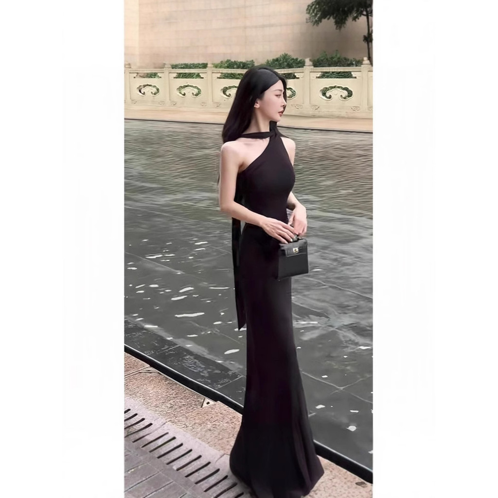 [COD]Gaun maxi bodycon tanpa lengan hitam cewek seksi, kemewahan ringan kelas atas