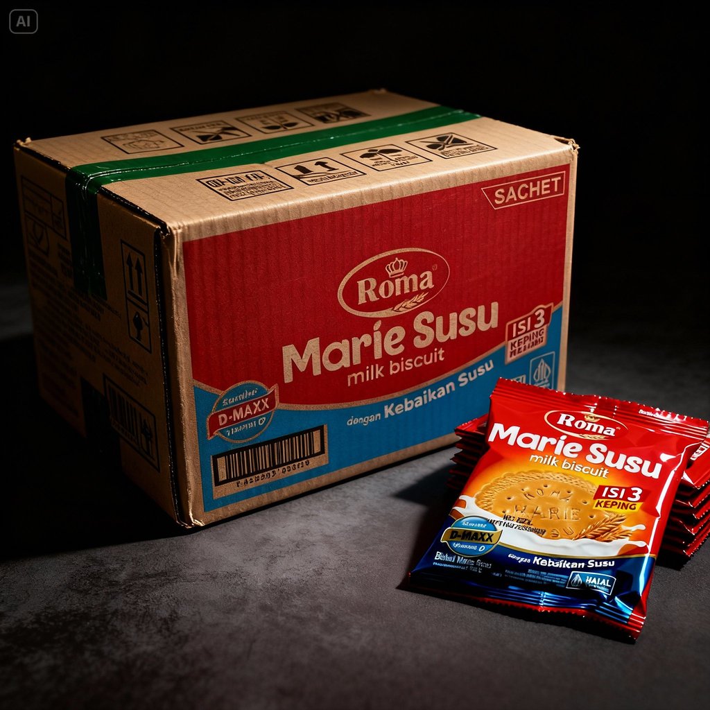 Roma Marie Susu Biskuit Renceng 16,5 gr 1 Dus Isi 12 Renceng biskuit susu lembut untuk keluarga
