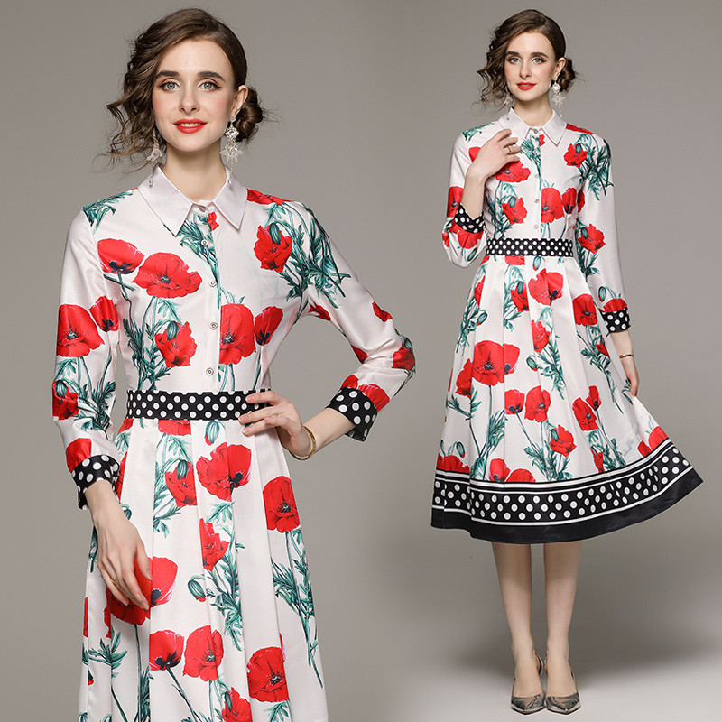 Gaun Polo Dot Motif Bunga Fashion 20259