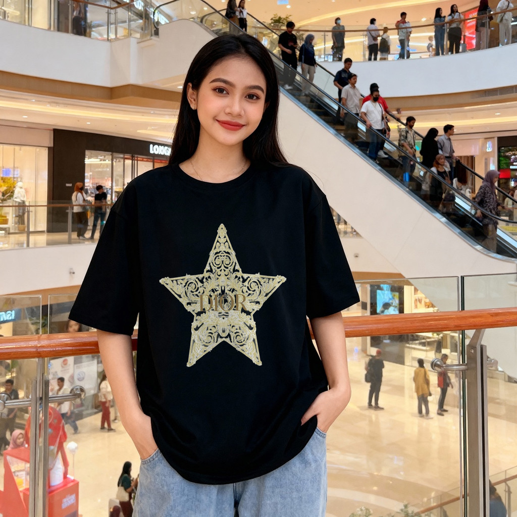 Distro Original 100% Golden Star Dior Pattern Kaos Wanita Oversize Santai Pakaian Atasan Wanita untu