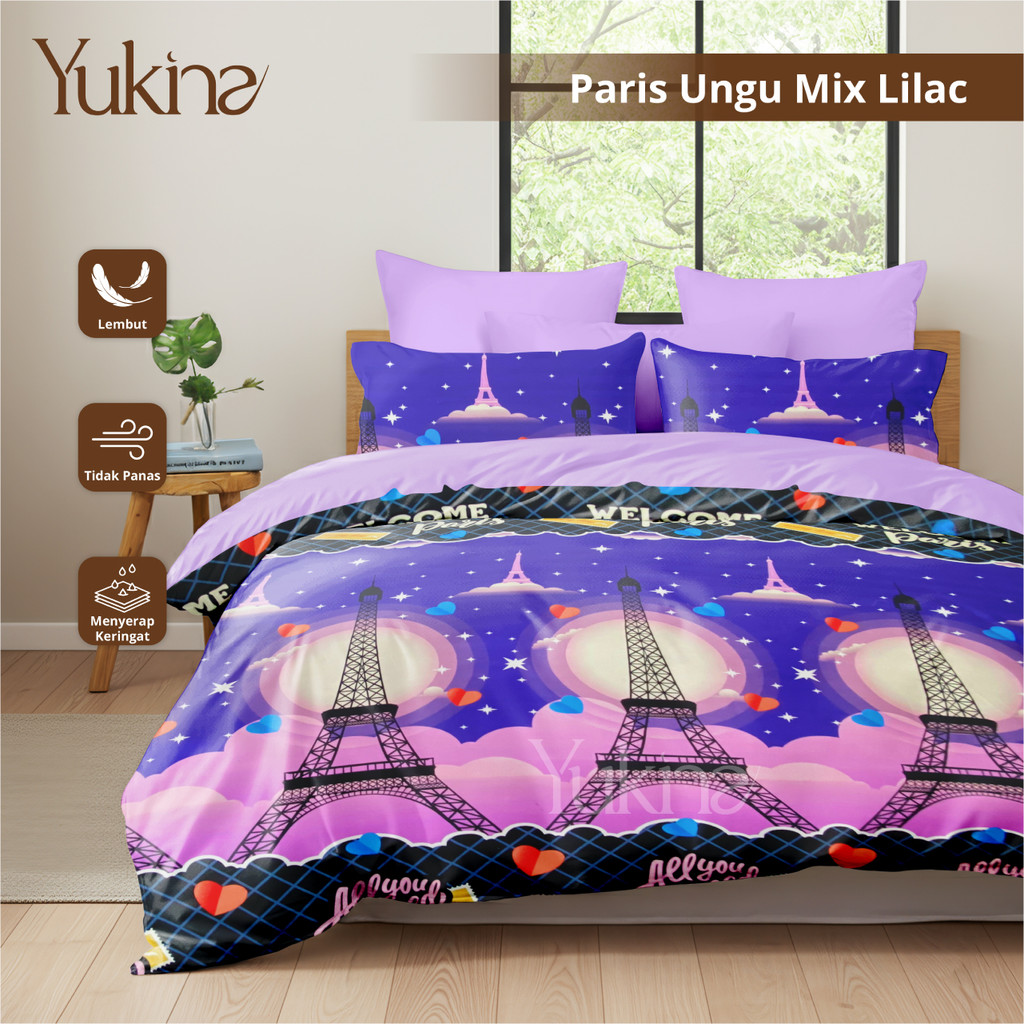 Bed Cover Set Sprei Paris Ungu Mix Lilac Ukuran Lengkap 180x200 160x200 120x200 - Yukina Bedcover