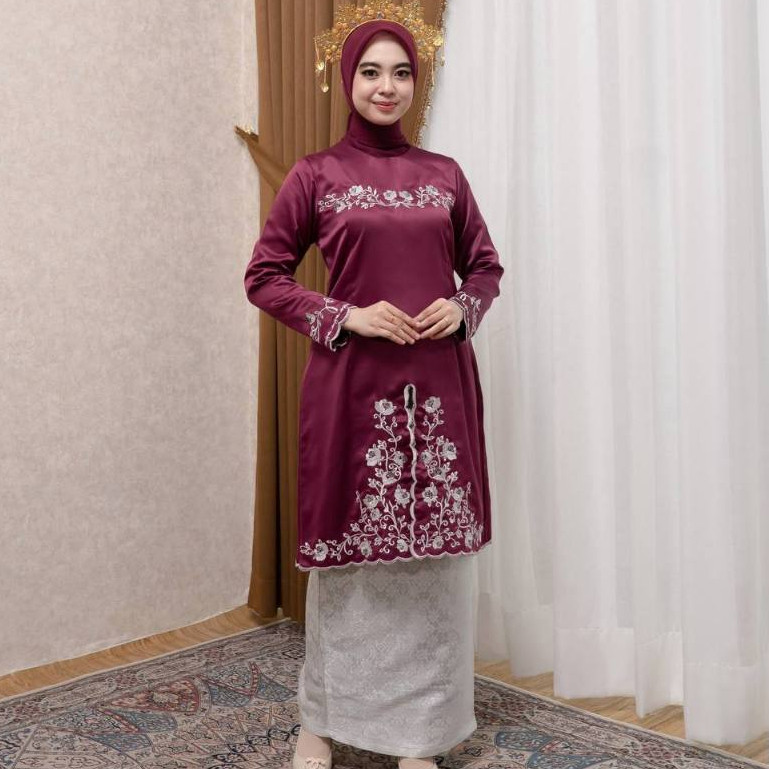 PRILLY BUSANA - Bening Baju Kurung Motif Bordir - Setelan Rok Malaysia Songket - Seragaman Melayu