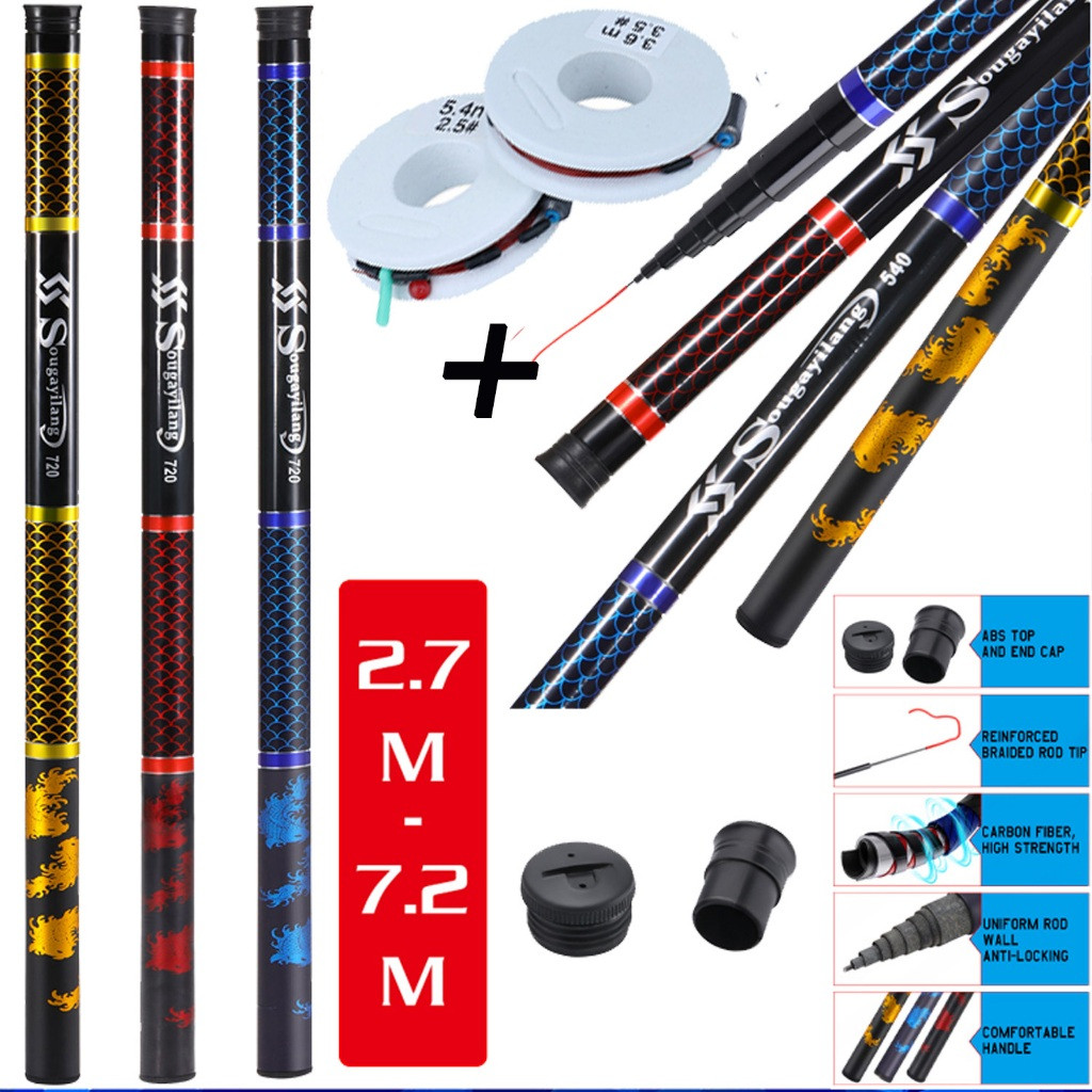 TERLARIS 2.7m 3.6m 4.5m 5.4m 6.3m 7.2m Joran Tegek Fishing Rod Carbon Tegek Panjang Fishing Pole Fis