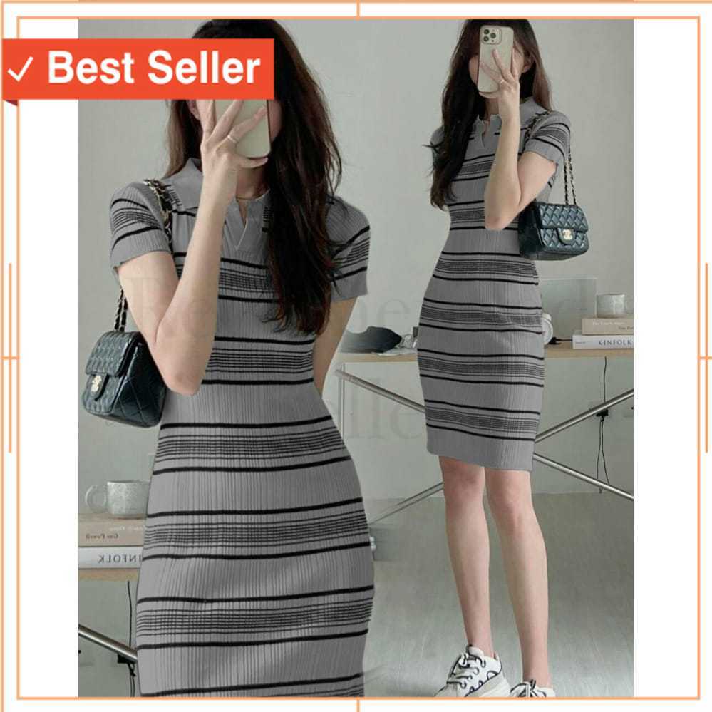Dress Rajut Lisaii / Dress Rajut Mini / Dress Salur Kerah Polo / Termurah Baju Natal Unik
